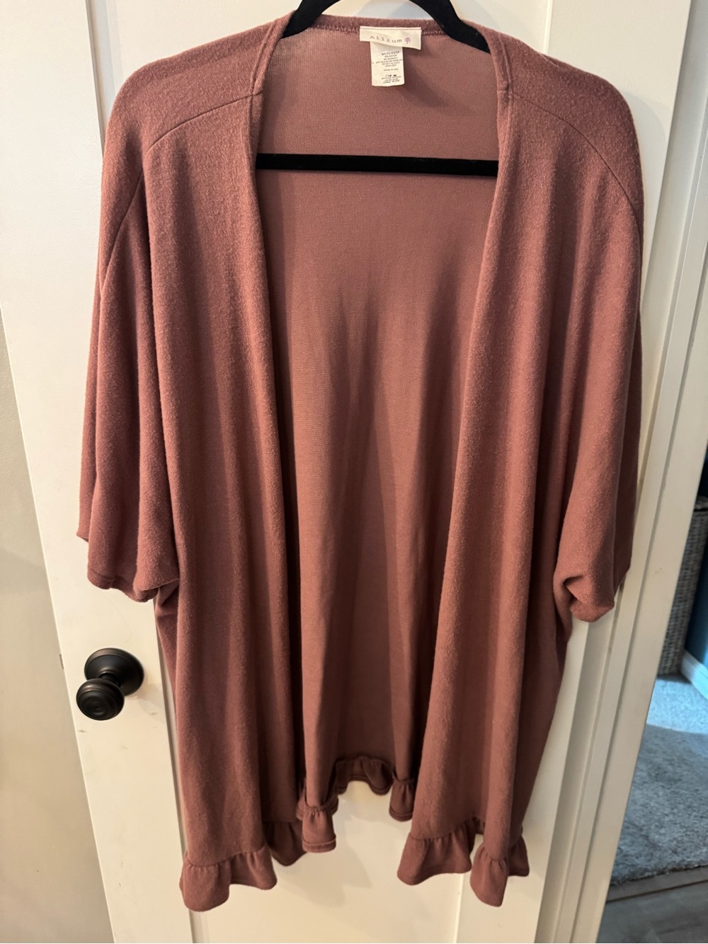 Allium Mauve Dusty Rose Open-Front Ruffle-Hem Cardigan OS